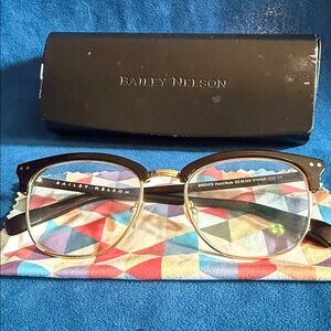 Bailey Nelson tortoise, print, Black and Gold Glasses with case.